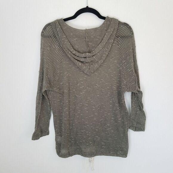 SJS Open Knit Lightweight Moss Green 3/4 Sleeve Cropped Drawstring Hoodie Shirt - Picture 2 of 7